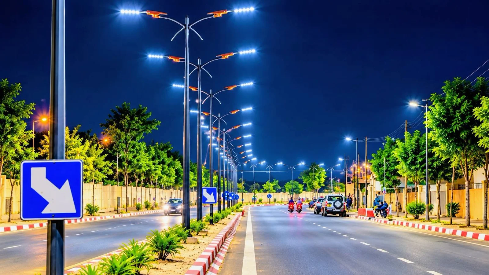 1,300 all-in-one solar street lights lighting a main boulevard and overpass in a West African city at night