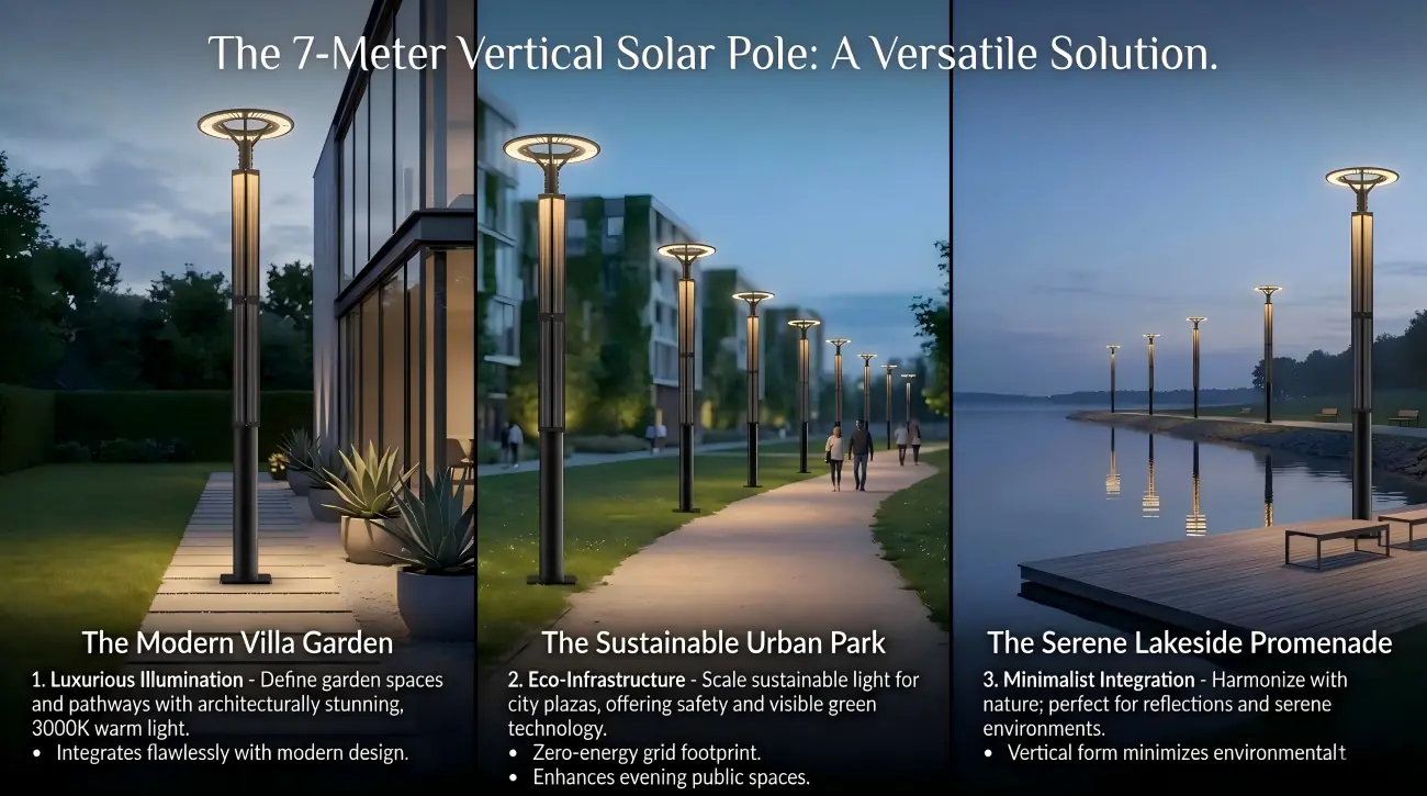 7-Meter Vertical Solar Pole integrated into a high-end landscape.