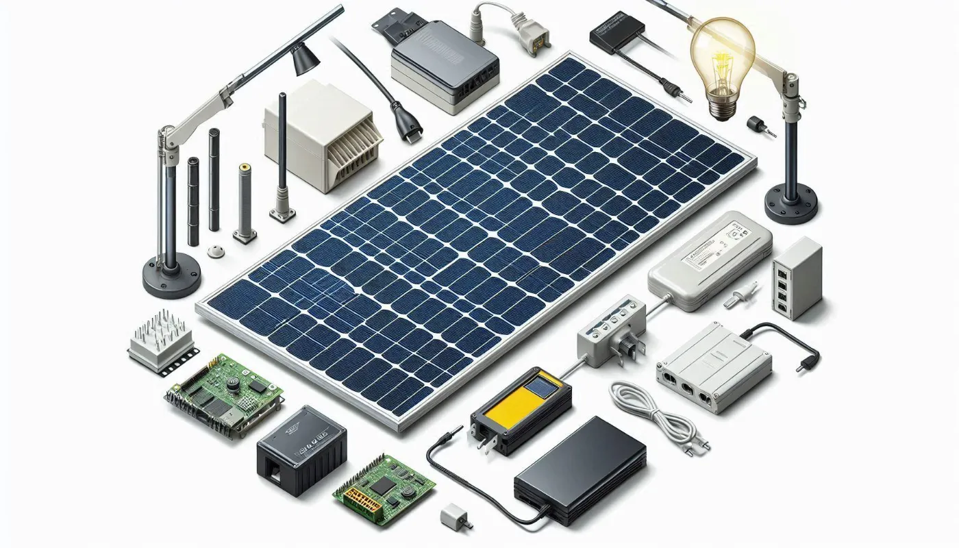 Internal components of solar power street lights: PV panel, battery, controller, and LED
