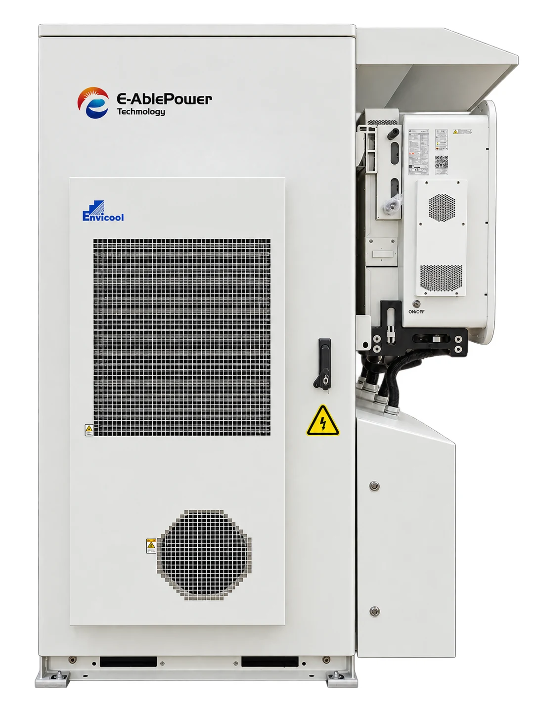 E-Able Power GCB C&I battery storage cabinet with HVAC cooling and a Solis high-voltage hybrid inverter