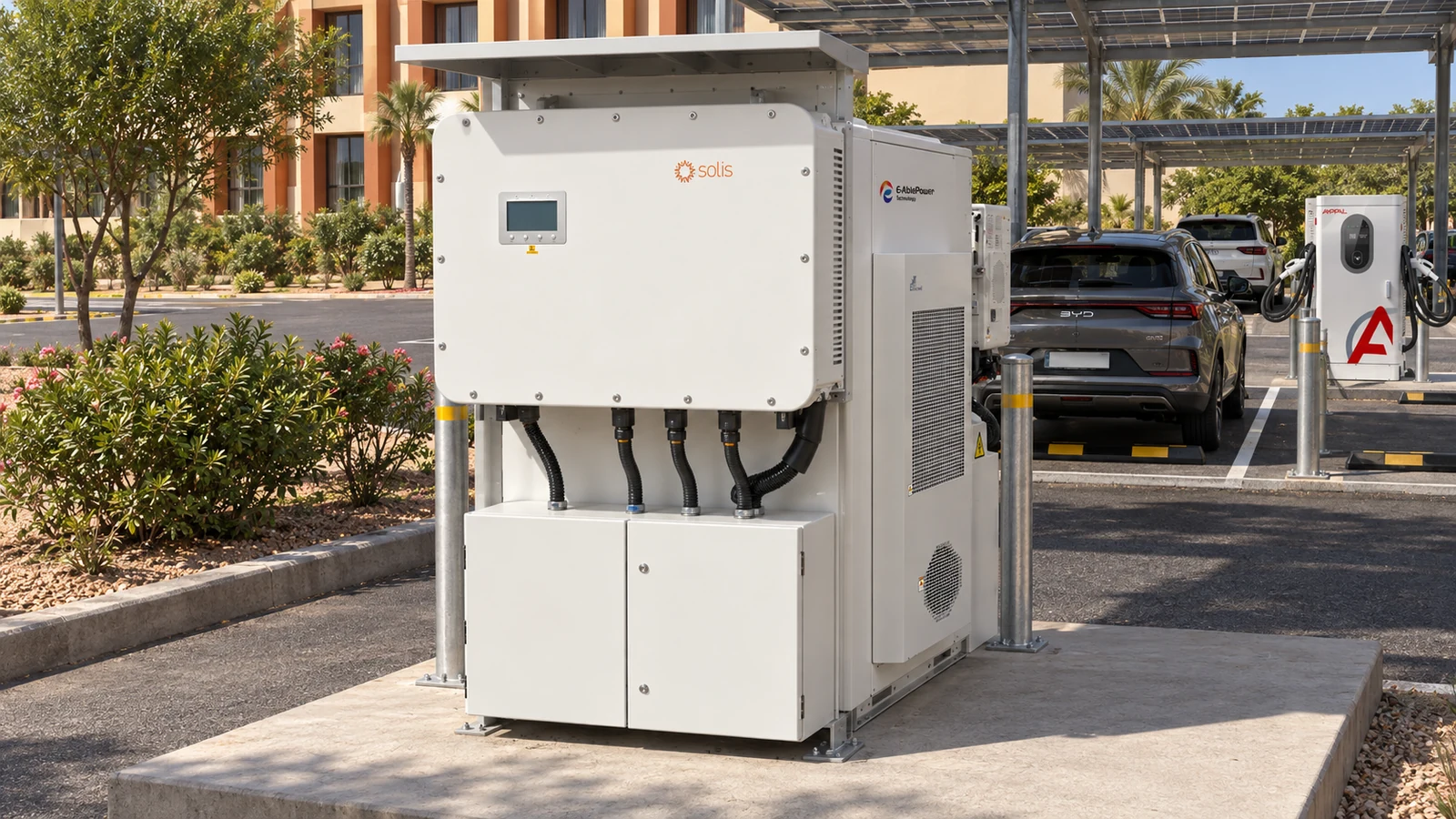 C&I battery storage cabinet next to a 60 kW DC fast charger under a solar carport in West Africa