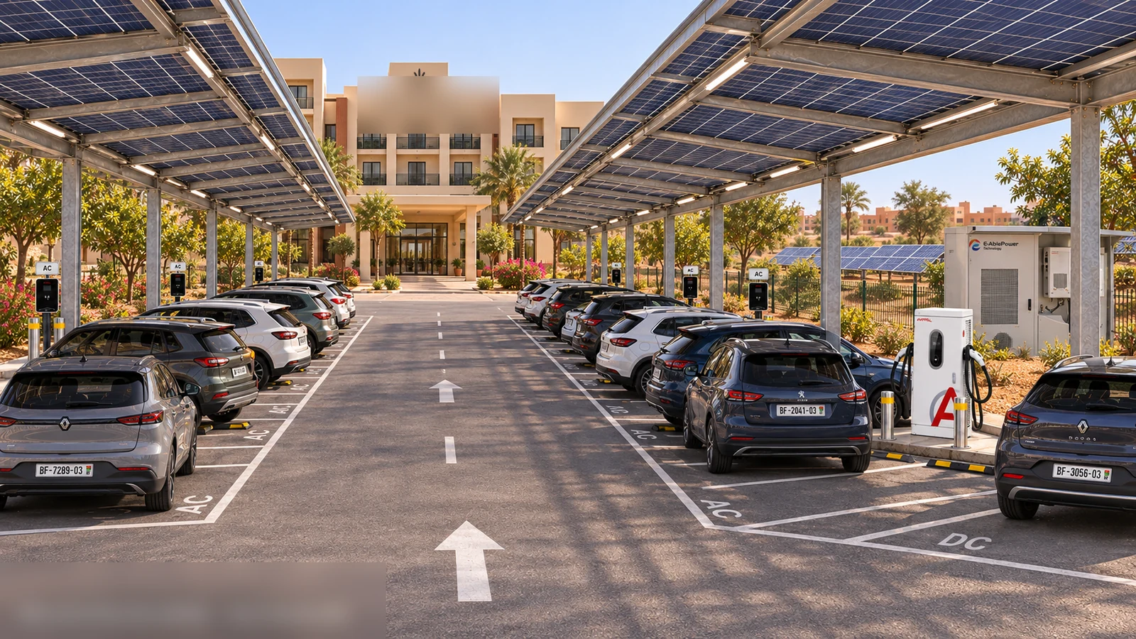 Solar carport EV charging station layout with PV canopies, AC and DC chargers and a C&I battery storage cabinet