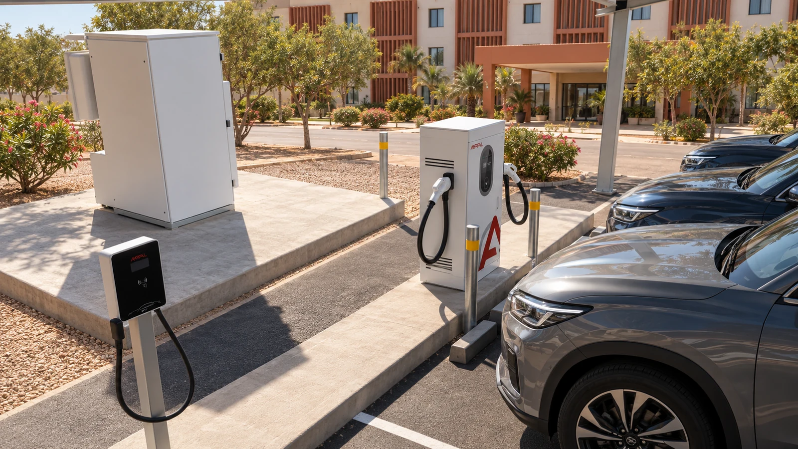AC EV charger and C&I battery cabinet at a solar carport parking area in West Africa