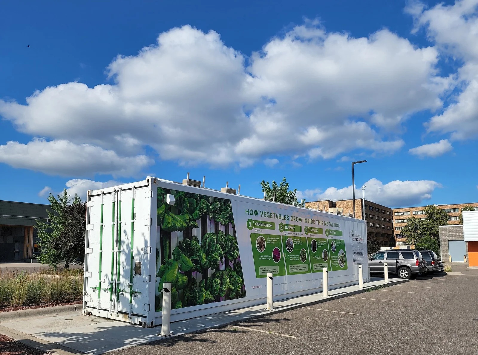 Illustrative photo of a shipping container farm in an urban car park