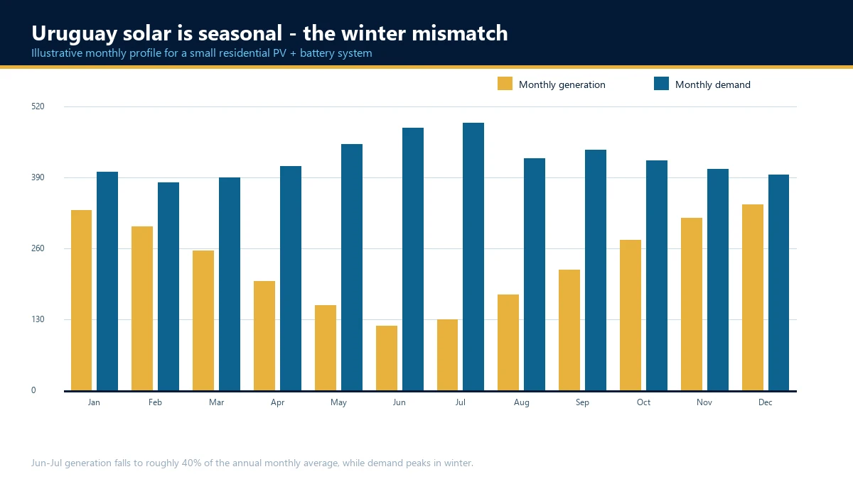 Bar chart of monthly solar generation versus household demand in Uruguay, showing the winter mismatch