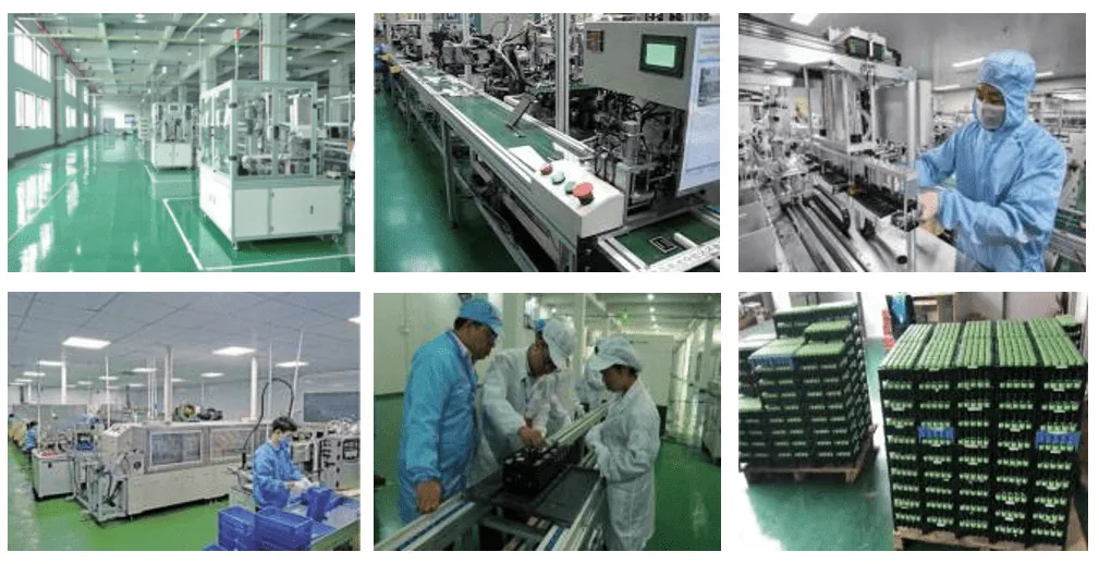 A collage of six photos showing a battery manufacturing facility with automated assembly lines, cleanroom workers, and stacked cylindrical b