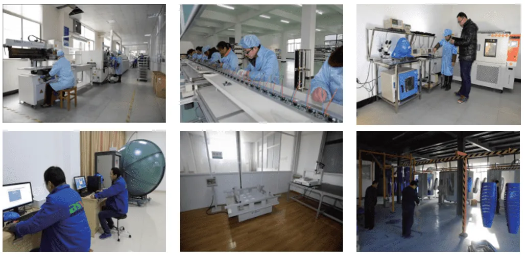 A collage of six photos showing workers in cleanroom suits assembling electronics, testing equipment in labs, and managing a warehouse space