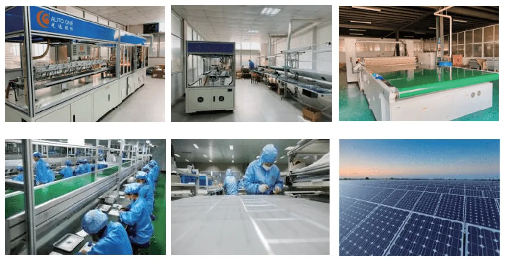 A collage of six images depicting a solar panel manufacturing facility with automated machinery, workers in blue cleanroom suits, and a larg