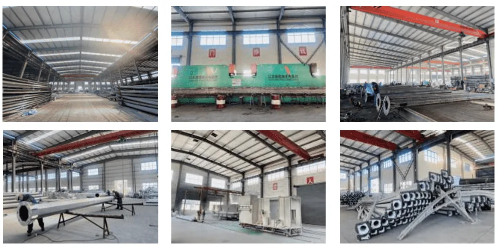 A collage of six images showing the interior of a metal fabrication factory with stocks of pipes, industrial machinery, and workers handling