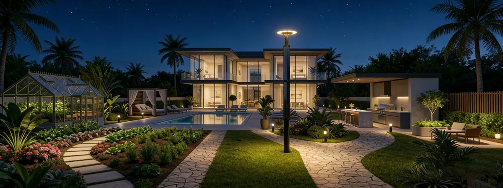 A modern luxury home at night features a landscaped backyard with a pool, greenhouse, and a tall vertical solar post-top light illuminating 