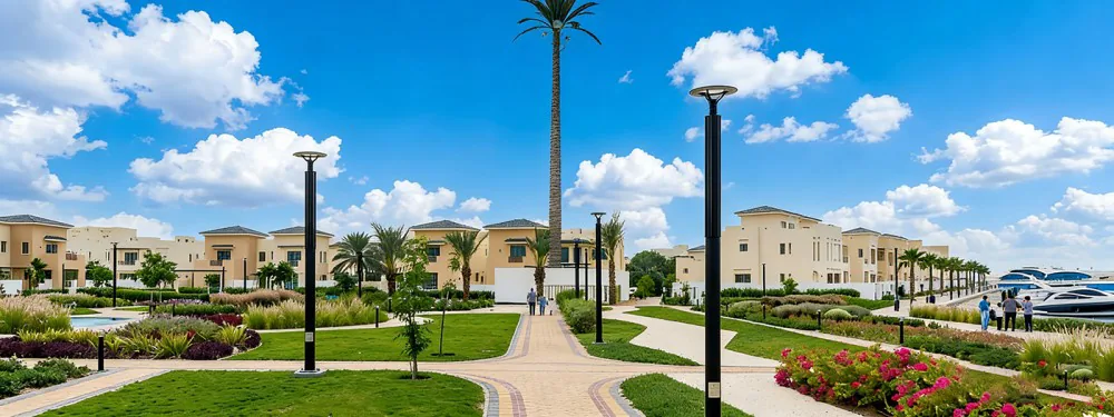 A sunny residential community with landscaped lawns, a tall palm tree, a marina with yachts, and black post-top garden lights lining a brick