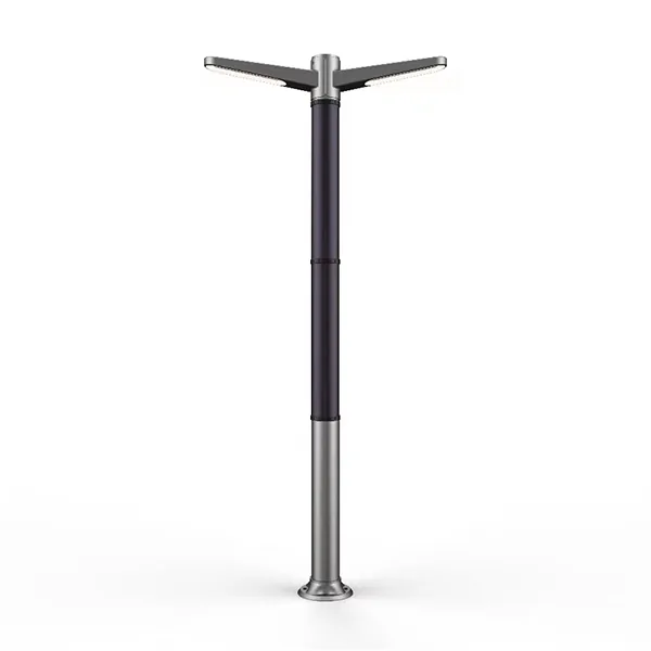 A tall vertical pole with a black cylindrical body, a silver base, and a cross-shaped top structure for mounting solar modules.