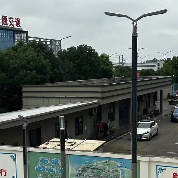 A tall dark street light pole with a V-shaped arm stands in front of a building, cars, and a wall with a green poster.