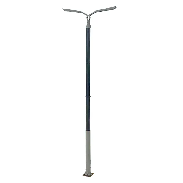A tall, slender dual-arm street light pole with a dark upper section and a light-colored lower base.