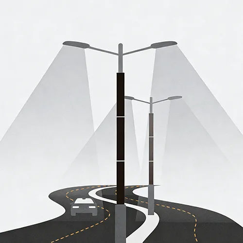 A winding road with a car is illuminated by dark street lamps in a minimalist illustration.