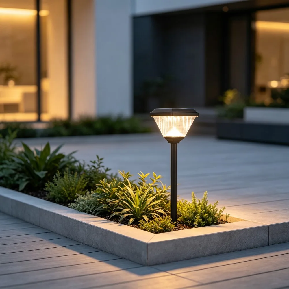 CPD-0406 solar lawn light in a planted garden bed