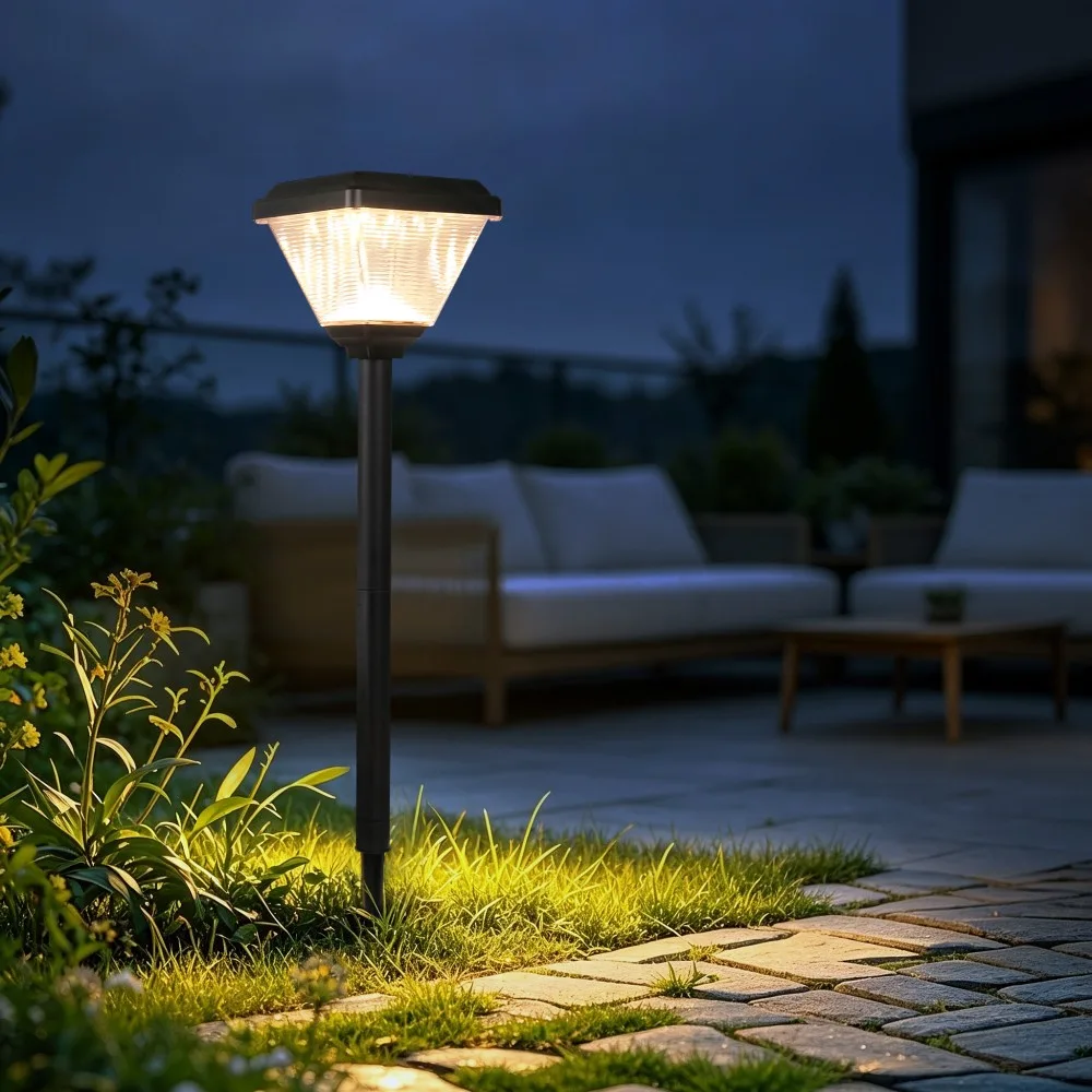 CPD-0406 solar lawn light beside a garden patio seating area