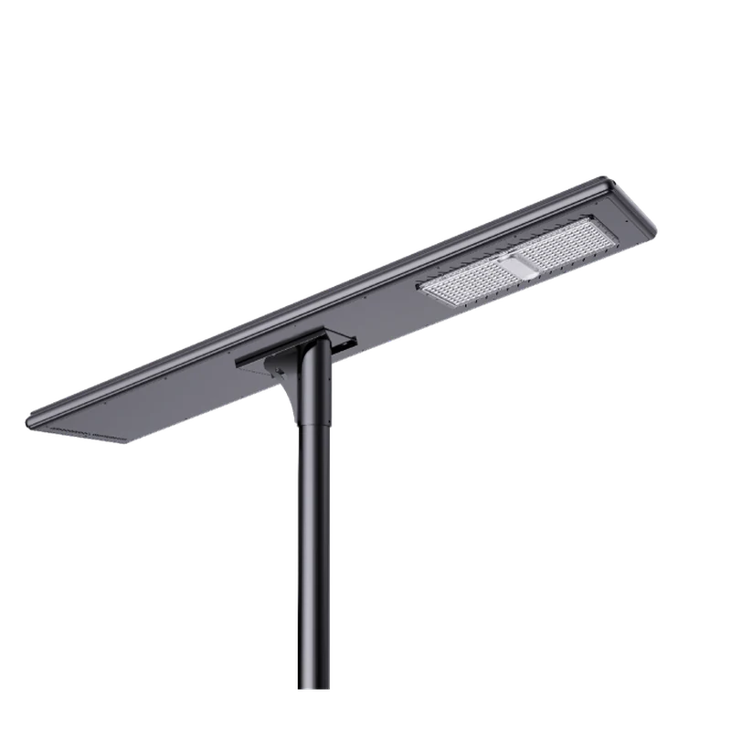A black all-in-one solar street light with an integrated panel and LED fixture mounted on a pole.
