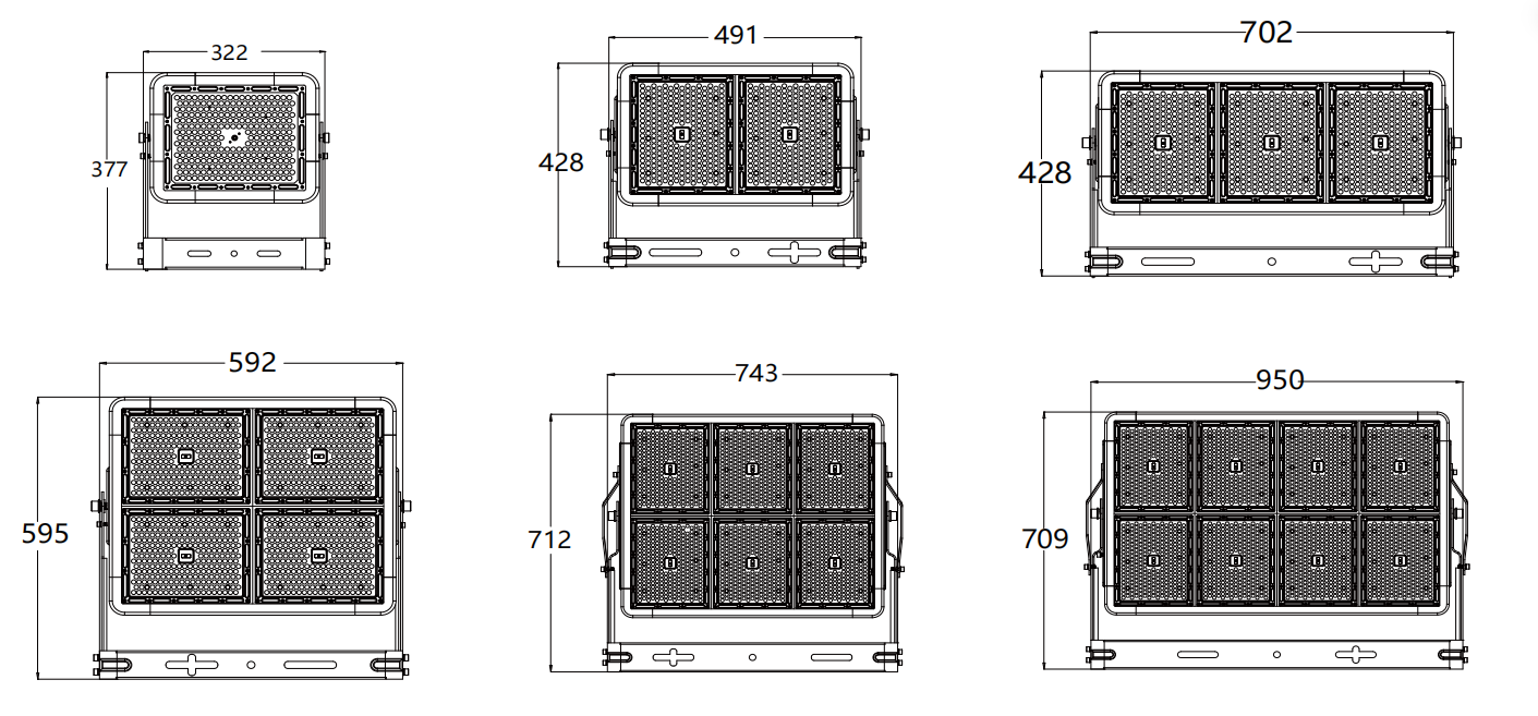 SKYWING SF01 dimension drawing 322/491/702mm and 592/743/950mm housings