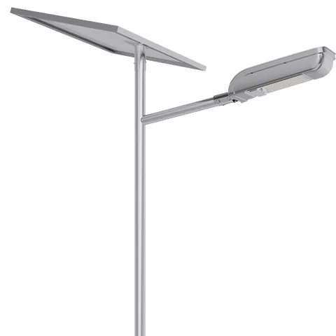 A gray solar street light with a flat solar panel on top and a rectangular LED lamp extending from the side.