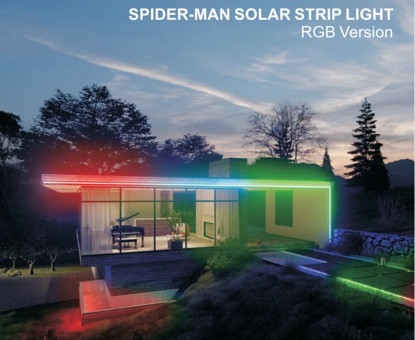 Modern house at dusk illuminated with red, blue, and green solar strip lights.