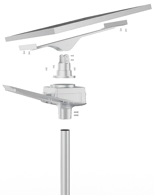 An exploded view diagram of a modern, sleek street light featuring a solar panel, head assembly, and pole.