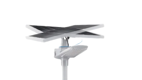 A white solar street light with a cross-shaped photovoltaic panel array and an integrated LED lamp head mounted on a pole against a white ba