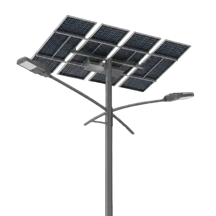 A tall white double-armed street lamp with two solar panels mounted at the top.