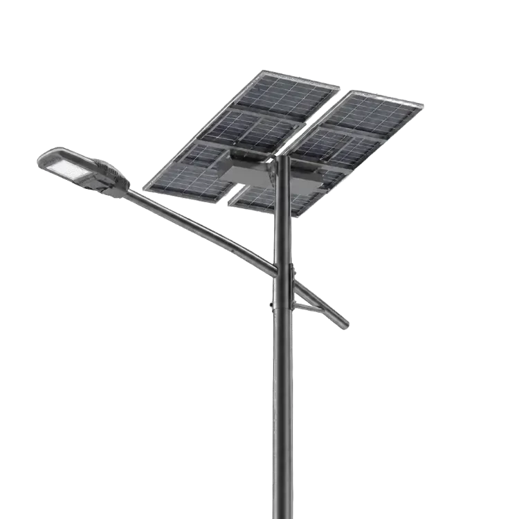 A solar street light with a large solar panel mounted atop a tall pole and a single curved arm extending outward to hold the light fixture.
