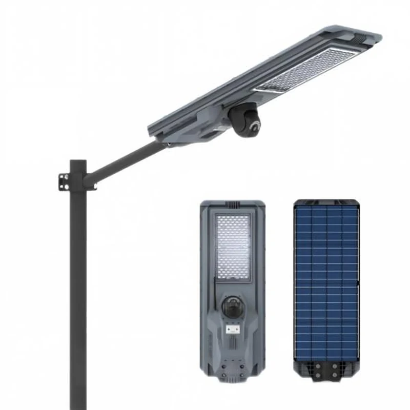 A black rectangular solar street light fixture with LED panels, mounted on a pole with a supporting bracket.