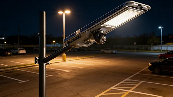 A solar-powered street light with an integrated CCTV camera illuminates a parking lot at night.