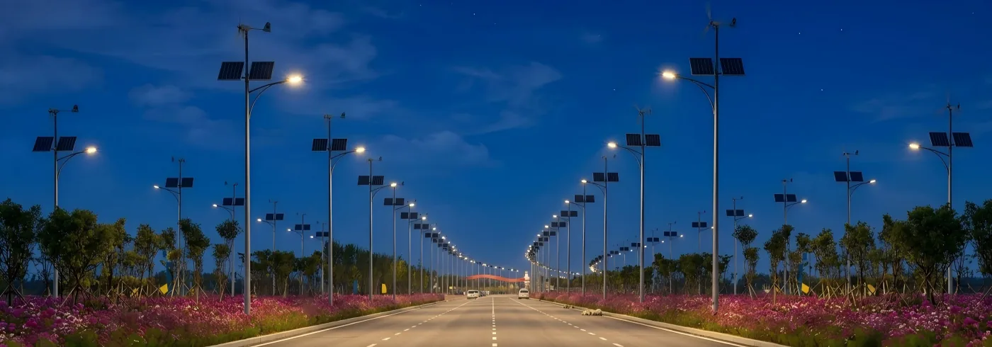 Solar and wind hybrid street lights lining a highway at dusk with solar panels and wind turbines