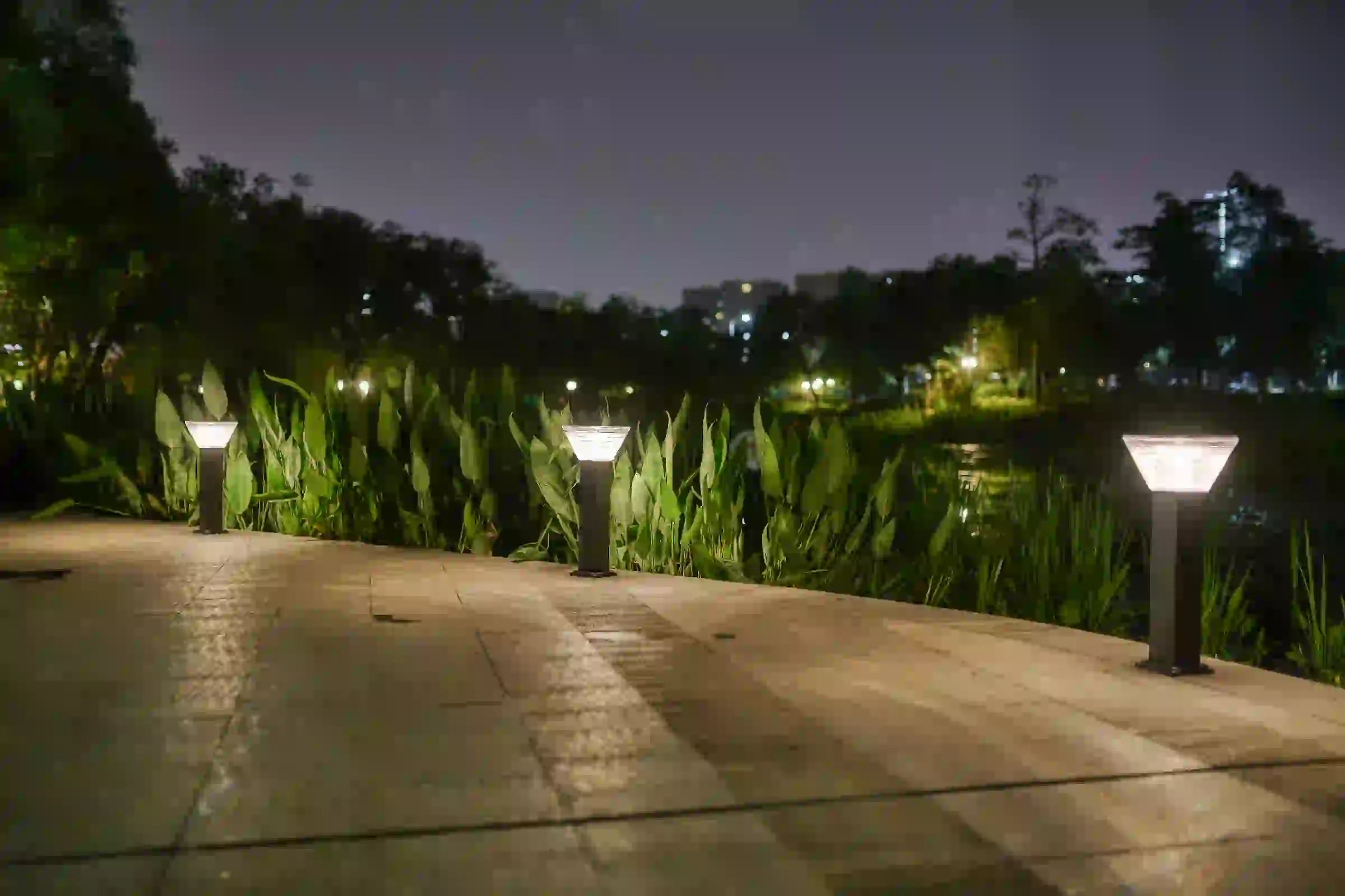 CPD-5004 solar lights lining a landscaped area