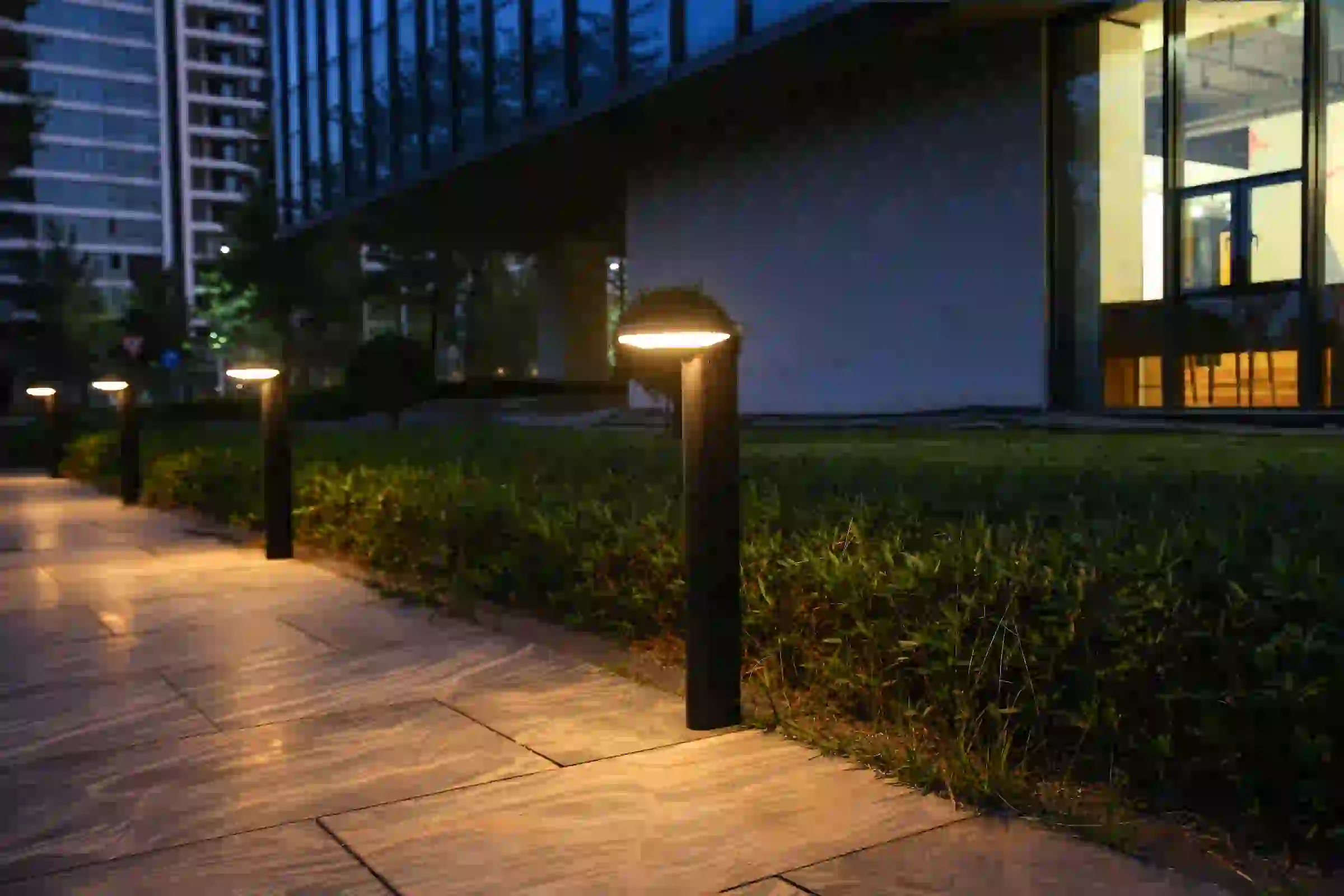 CPD-8804 solar lights lining a landscaped area