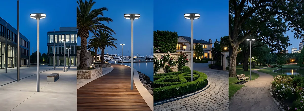ZC-GGD Series elite architectural solar post lights — round and square profiles, die-casting aluminum + UV-stabilized PC, for commercial plazas and upscale pathways
