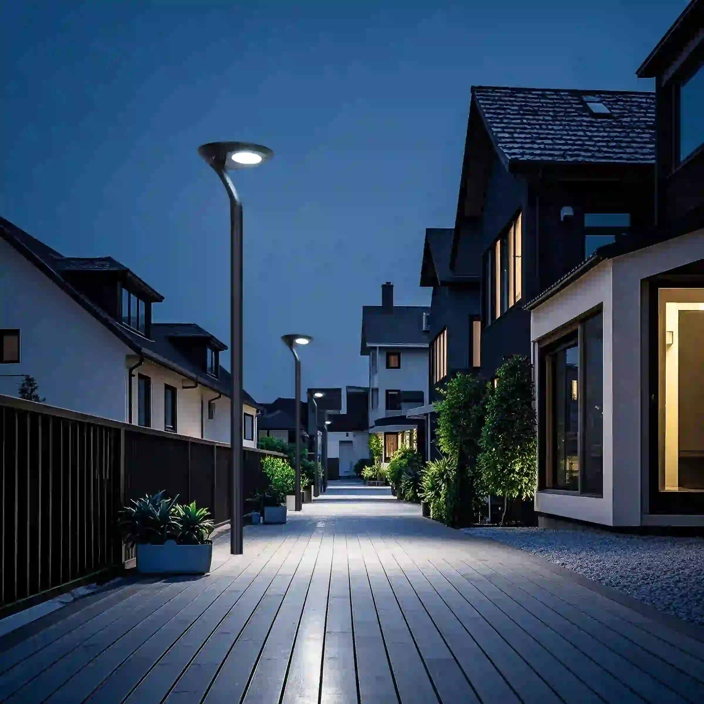 TYD-4206 solar lights lining a landscaped area